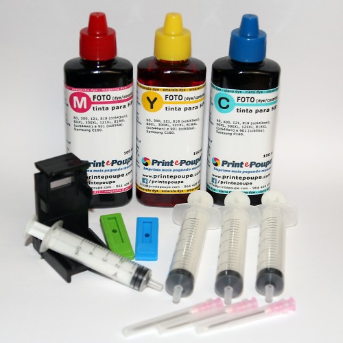 Kit Recarga para tinteiros HP 301, 302, 303, 304, 305, 901, 62, normal ou XL Tricolor 3 x 100 ml/cor