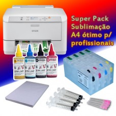 Pack profissional sublimação A4: Epson PRO WF-5110DW + 4 tintas sublimação + tinteiros recarregáveis + papel sublimático