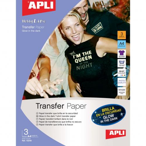 Papel Transfer A4 APLI Brilhante no Escuro para todas as cores de tecidos