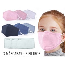 Conjunto de 3 Máscaras Reutilizáveis às Riscas p/ Criança e 3 Filtros pm2.5 de 5 Camadas de Proteção