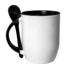 Caneca em Cerâmica Branca com Interior, Asa e Colher Preto para Sublimação