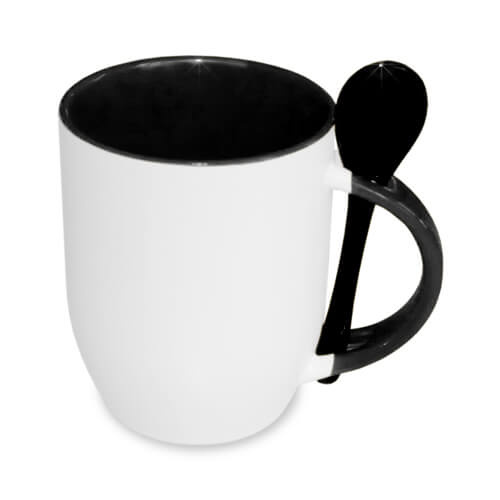 Caneca em Cerâmica Branca com Interior, Asa e Colher Preto para Sublimação