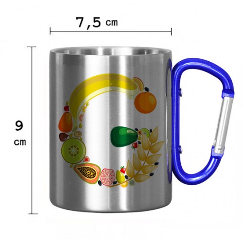 Caneca em Aço Inox 300 ml com Alça de Mosquetão Azul para Sublimação