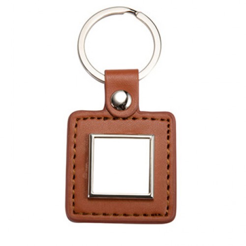 Porta-chaves em couro castanho e metal, forma quadrada para sublimação