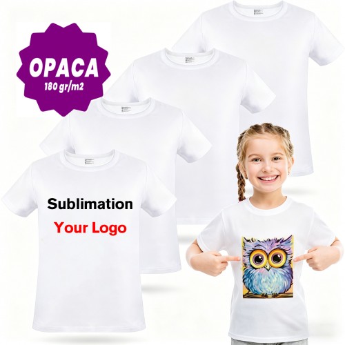 T-shirt Criança c/ Grande Opacidade em Poliéster Branco e Toque Algodão para Sublimação, 180 gr. Unisexo
