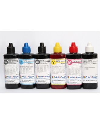 Conjunto Tintas Premium p/ Epson ET-15000 (Preto, Magenta, Amarelo, Ciano, Vermelho e Cinzento). 6 x 100 ml.