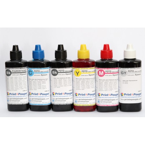 Conjunto Tintas Premium p/ Epson ET-15000 (Preto, Magenta, Amarelo, Ciano, Vermelho e Cinzento). 6 x 100 ml.