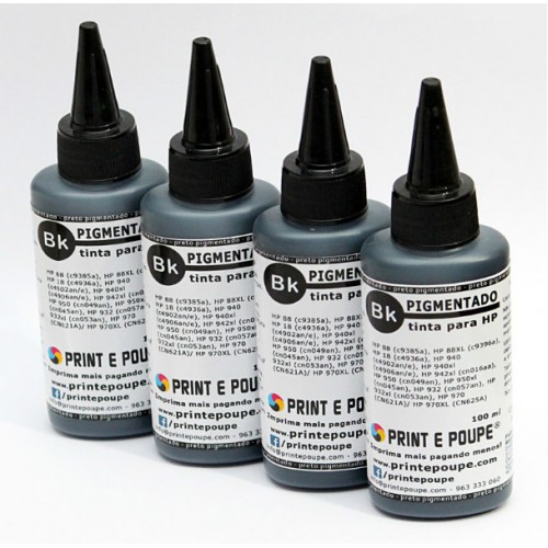 Conjunto Tintas Premium p/ HP, tinteiros 903, 932-933, 934-935, 940, 942, 950-951, 953 (Preto, Magenta, Amarelo e Ciano) pigmentado. 4 x 100 ml