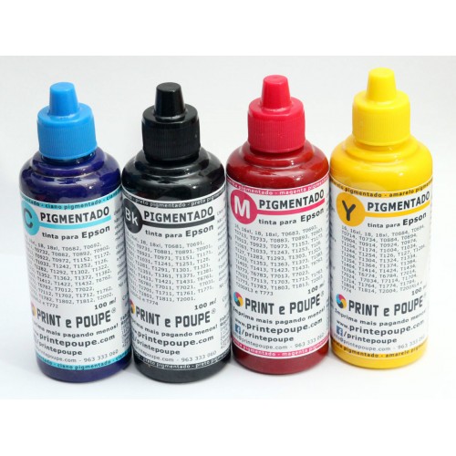 Conjunto Tintas Premium p/ HP, tinteiros 711, 913A, 970, 970XL, 971, 971XL, 973X (Preto, Magenta, Amarelo e Ciano) pigmentado. 4 x 100 ml