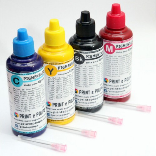 Conjunto Tintas Premium p/ HP, tinteiros 711, 913A, 970, 970XL, 971, 971XL, 973X (Preto, Magenta, Amarelo e Ciano) pigmentado. 4 x 100 ml