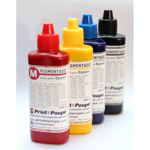 Conjunto Tintas Premium p/ Epson, tinteiros séries 11, 12, 13, 16, 27, 34, 35 (Preto, Magenta, Amarelo e Ciano) pigmentado. 4 x 100 ml