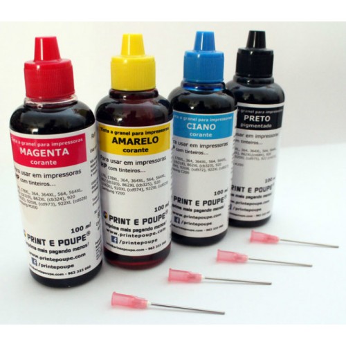 Conjunto Tintas Premium p/ HP, tinteiros 364, 564, 920. (Preto pigmentado, Magenta, Amarelo e Ciano). 4 x 100 ml.