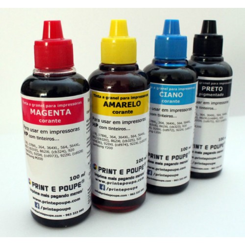 Conjunto de Tintas Premium p/ Ricoh IPSio e Ricoh Aficio (Preto, Magenta, Amarelo e Ciano) pigmentado. 4 x 100 ml.
