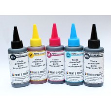 Conjunto Tintas Premium p/ HP, tinteiros 364. (Preto, Magenta, Amarelo, Ciano e Preto-foto). 5 x 100 ml.