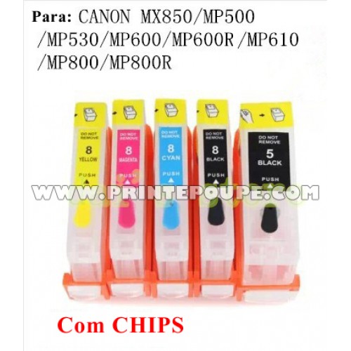 Tinteiros recarregáveis p/ CANON com 5 tinteiros PGI-5 BK, CLI-8 C / M / Y / K
